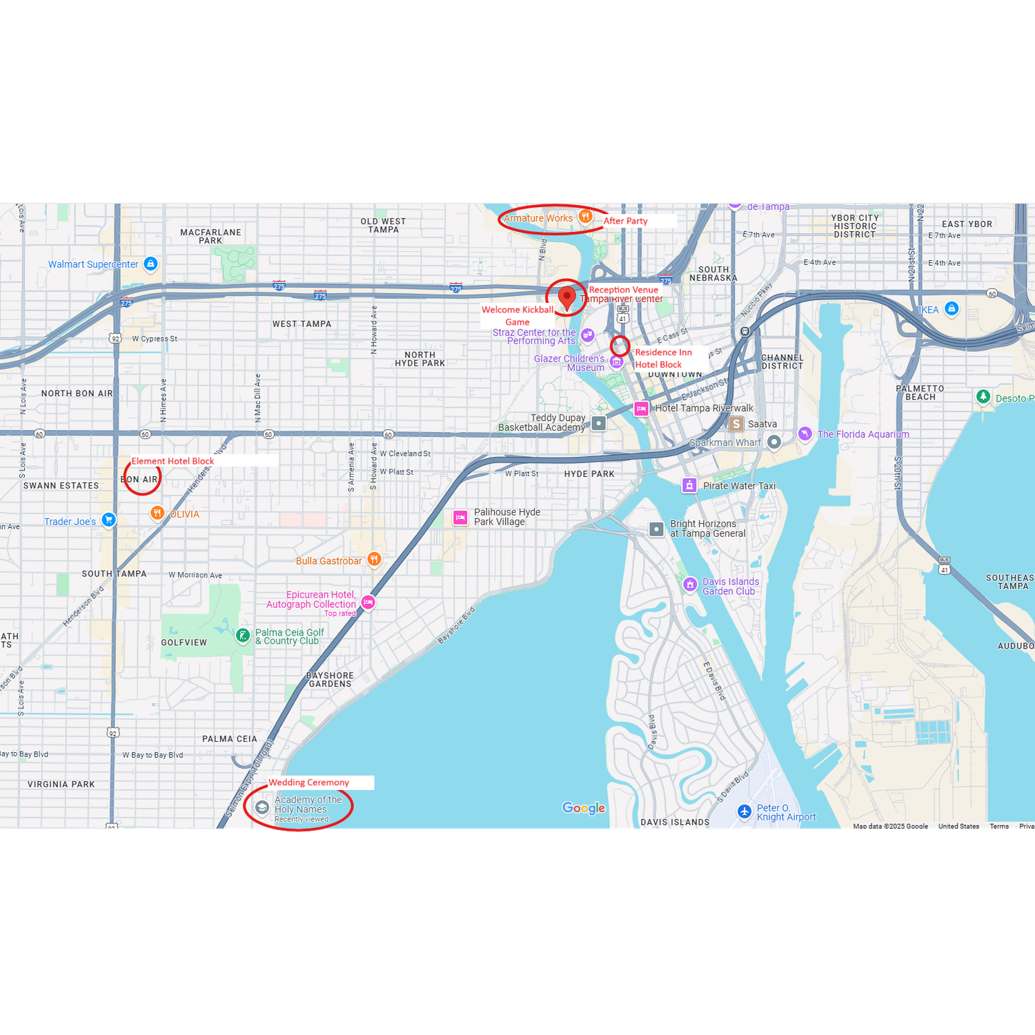 This map has all of the wedding weekend locations circled and hotels in which we have a room block at.
