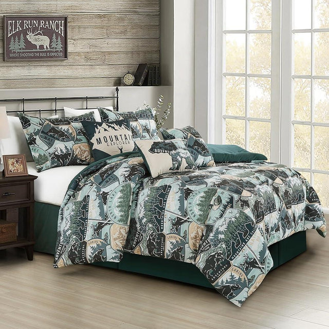 Chezmoi Collection Tahoe 7-Piece North Lake Motif Comforter Set - Multicolor Blue Green Brown Black Printed Washed Cabin Lodge Microfiber Bedding, California King
