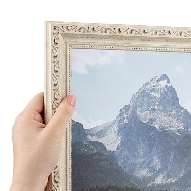 ArtToFrames 16x20 Inch White Picture Frame, This 1.25" Custom Wood Poster Frame is Old White Wash with Bead, for Your Art or Photos, WOMD11234-16x20