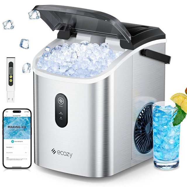 ecozy Nugget Ice Maker Countertop, Smart Portable Crushed Ice Maker with Voice Control, Pellet Chewable Ice 33lbs/24H, Self-Cleaning, with APP WiFi, Timer Function and Status Alerts, Bonus TDS Meter