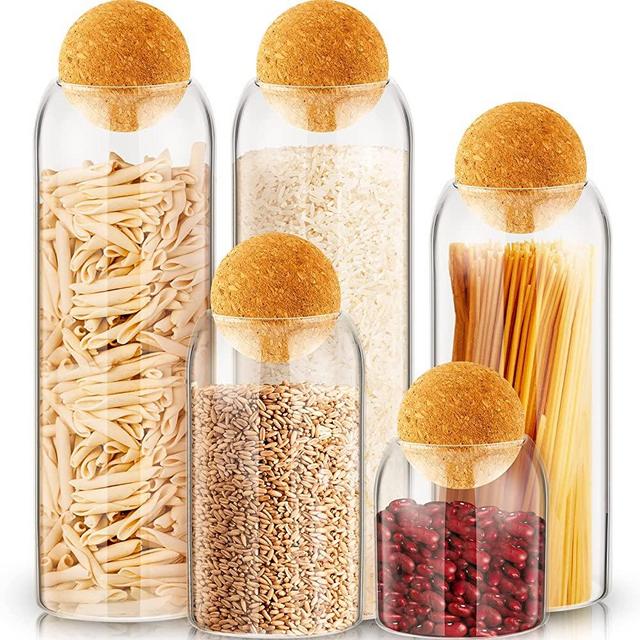 5 Pack Storage Glass Jar Set Food Storage Tank with Spherical Cork Cute Ball Candy Jars Clear Coffee Canister Airtight Jars for Kitchen Storage Ball Bottle Holder for Serving Spice Sugar Tea, 4 Sizes