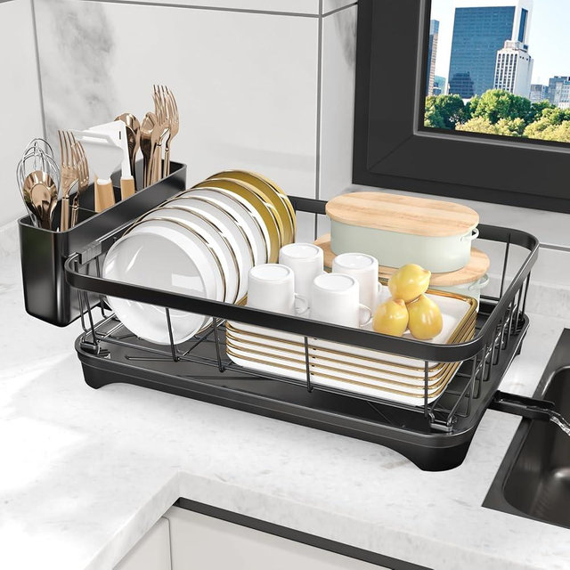 HOMEAILIE Dish Drying Rack for Kitchen Counter - Metal Utensil Rack, Adjustable Drain Spout, Utensil Separation Design, Maximize Cabinet Space, Dishwasher Safe Storage, Black