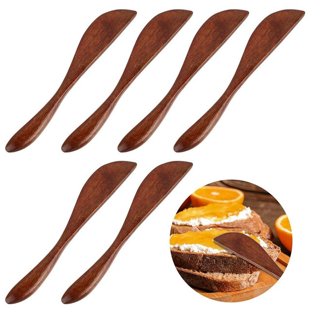 TIESOME 6Pcs Wooden Butter Knife, 5.9 Inch Jam Spreader for Cheese, Jelly & Condiments, Natural Bamboo Mini Spatulas for Kitchen, Restaurant & Home Use (Brown)