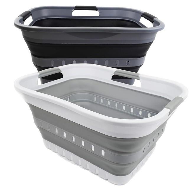 SAMMART Set of 2-30L (8 gallon) Collapsible Plastic Laundry Basket - Foldable Pop Up Storage Container/Organizer - Portable Washing Tub - Space Saving Hamper/Basket (2, Grey+Black)