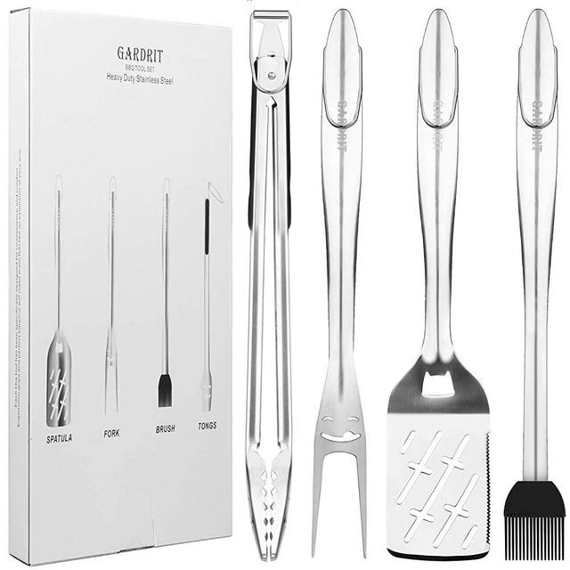 GARDRIT 18” Heavy Duty BBQ Grilling Tools Set. Smiley-Design Stainless Steel Grill Utensils Spatula, Fork, Locking Tongs & Basting Brush. Extra Thick Barbecue Accessories kit with Gift Box Package
