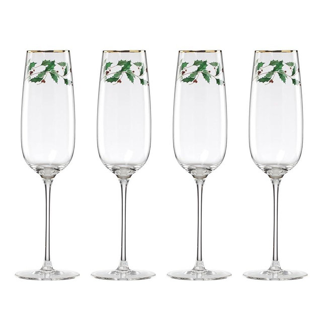 Lenox Glassware, Holiday Decal Flutes, Set of 4, 11-Ounce Capacity, Made From Glass, Dishwasher Safe Flutes, Drinking Glasses Set, Home And Kitchen, Champagne Flute, Champagne Glasses (Clear, 4 Piece)