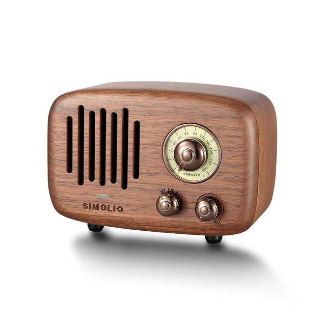 SIMOLIO Retro Bluetooth Speakers with Loud HD Sound, Nature Black Walnut Vintage Style Wooden Speaker with FM Radio & AUX in, Advanced CSR Chip, Portable Bluetooth Speaker for Home Office Decorations