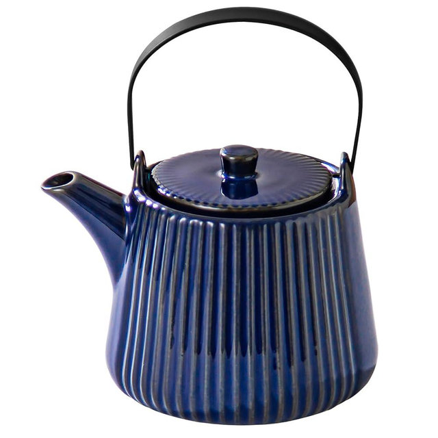 Yundu Deep Blue Ceramic Teapots, 1000ml/33.8oz Tea Kettle, Enough for 4 Cups, Tea pot with infusers for loose tea, Striped Tea Pot with Removable Tea infuser