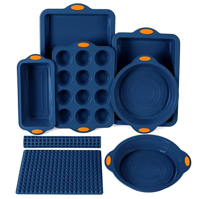 To encounter 8 in 1 Silicone Baking Set - 6 Silicone Molds - 2 Silicone Baking Mat, Nonstick Baking Cookie Sheet, Cake Muffin Bread Pan with Metal Reinforced Frame More Strength, Navy Blue