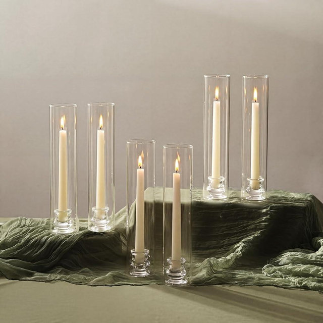 NUPTIO Candle Stick Candle Holder: Set of 6 Glass Hurricane Taper Candleholder - Bulk Candlestick Stand with Tall Cylinder Chimney for Thanksgiving Christmas Holiday Table Decoration