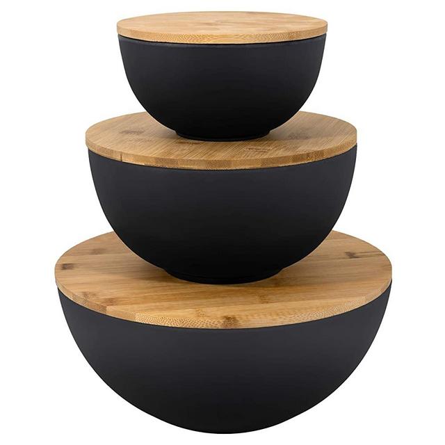 Salad Bowl with Lid - Large Salad Bowl Set of 3 with Wooden Lids, Bamboo Fibre like Melamine Mixing Bowl & Storage Set for Serving Salad, Salad Serving Bowl Set for Pasta, Popcorn, Chips, Dips & Bread