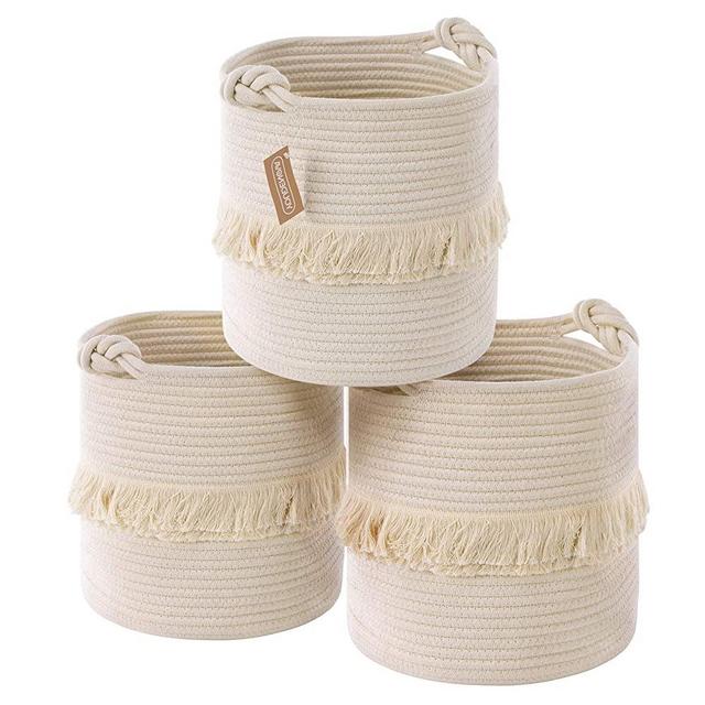 YOUDENOVA Woven Rope Boho Storage Basket,11x11x11 Decorative Tassel Fringe Baskets with Cute Knot Handles for Baby Girl, 3 Pack Round Organizer Baskets for Toy & Planter & Nursery, White