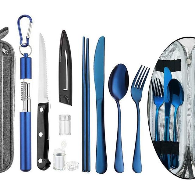Portable Travel Reusable Utensils Silverware with Case,Travel Camping Cutlery set,Chopsticks and Straw Flatware, Stainless steel Travel Utensil set (Blue) Up
