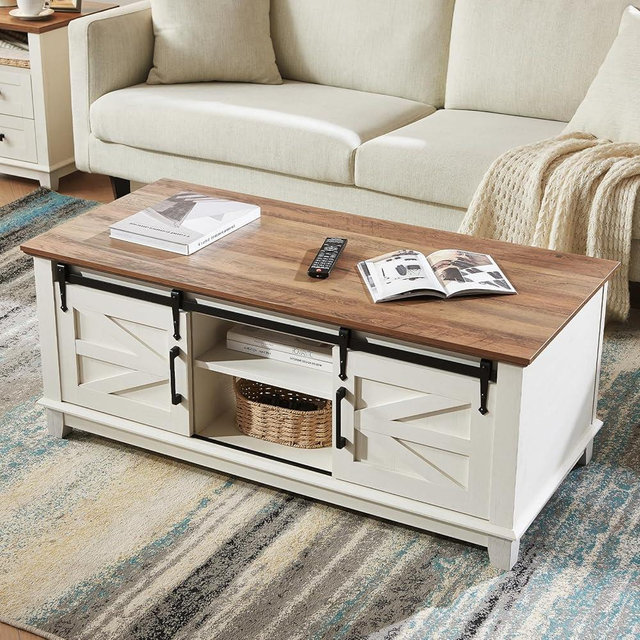 AMERLIFE Farmhouse Coffee Table with Sliding Barn Doors & Storage Cabinet for Living Room, 48" Modern Center Table, Adjustable Shelves, Rustic White