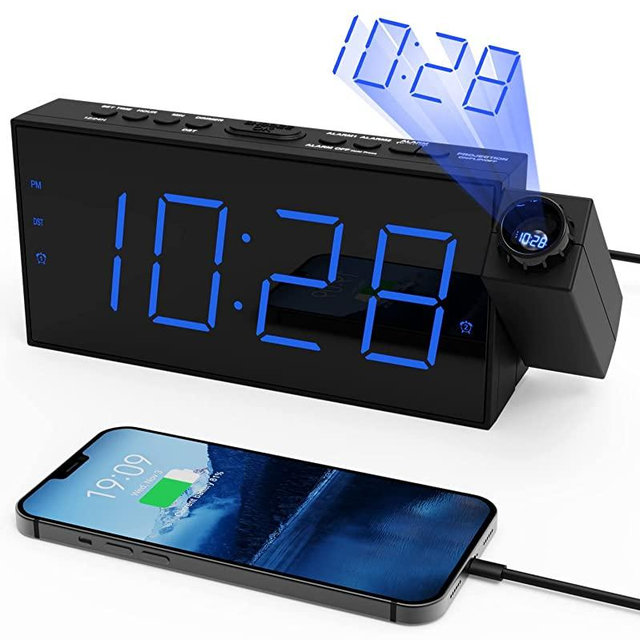 Projection Alarm Clock for Bedroom,LED Digital Clock Projection on Ceiling Wall with USB Phone Charging,Battery Backup,180°Projector& Dimmer,12/24H,DST,Snooze,Dual Loud Bedside Clock for Heavy Sleeper