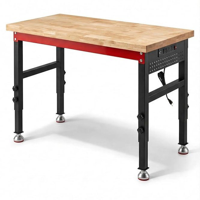 VekMax 48" Heavy Duty Workbench, 2500 LBS Load Capacity Work Bench with 1.2" Laminated Oak Wood Top & Reinforced Steel Frame, Adjustable Height Work Table for Garage, Workshop, Office, Home (Feet)