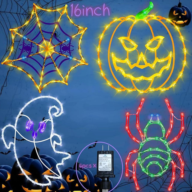 TRWYMZ Halloween Window Lights - 16" Halloween Window Silhouette Lights - 4 Pack Colour Lighted Spider Web ＆ Pumpkin ＆ Ghost ＆ Spider for Holiday Indoor and Outdoor Wall Door Window Decorate