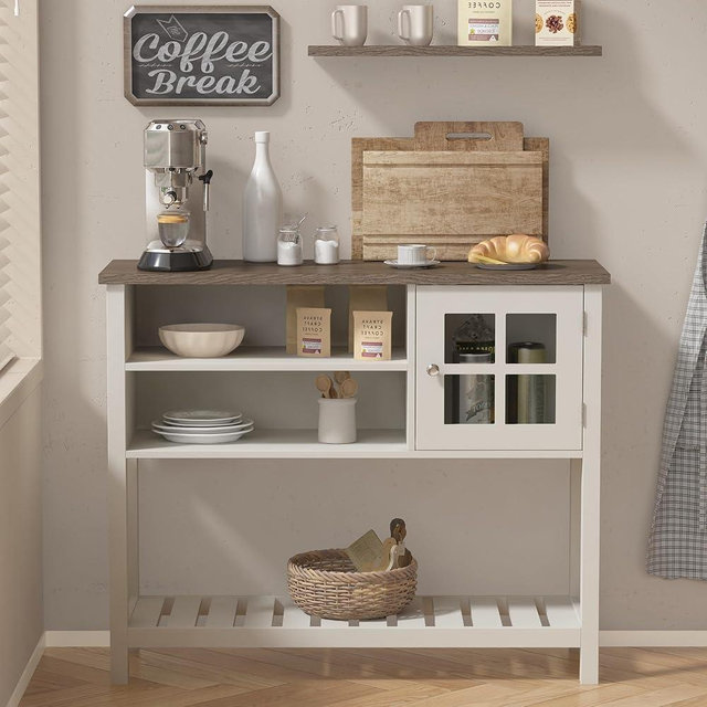 ChooChoo Farmhouse Coffee Bar Cabinet, Buffet Cabinet with Storage, Sideboard Buffet Cabinet with Glass Door, Console Table for Kitchen, Hallway, Entrance, White