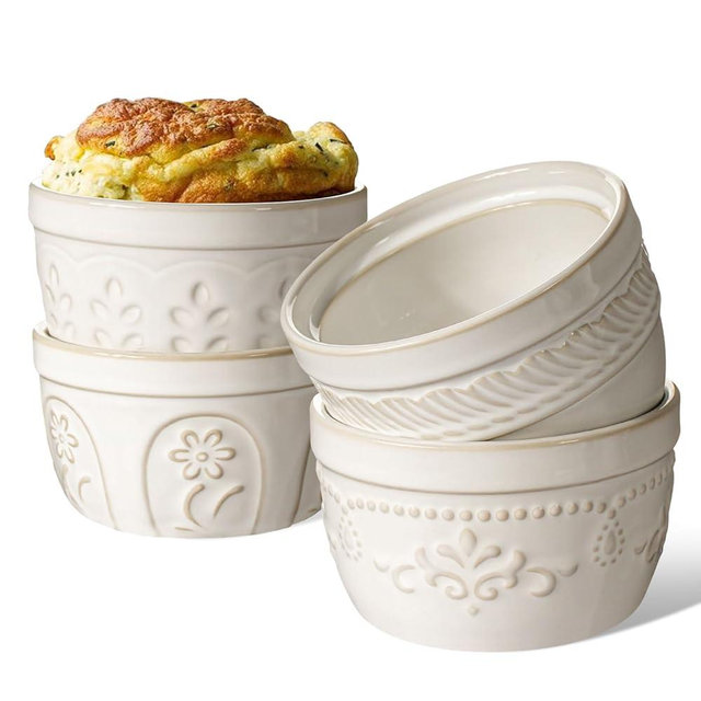 Artena Ramekins, Ramekins Oven Safe, Creme Brulee Ramekins, Embossed White Ceramic Ramiken & Plates And Bowls Sets, 16 Pieces Dinnerware Sets, Dish Set For 4, Ceramic Kitchen Bowl And Plate Set