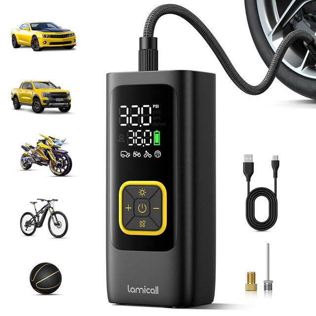 Tire Inflator Portable Air Compressor - Lamicall [4X Faster][150 PSI] Car Bike Air Pump with Rechargeable Battery, Pressure Gauge Display, LED Light, Cordless Pump for Cars, Motorcycle, Bike, Ball