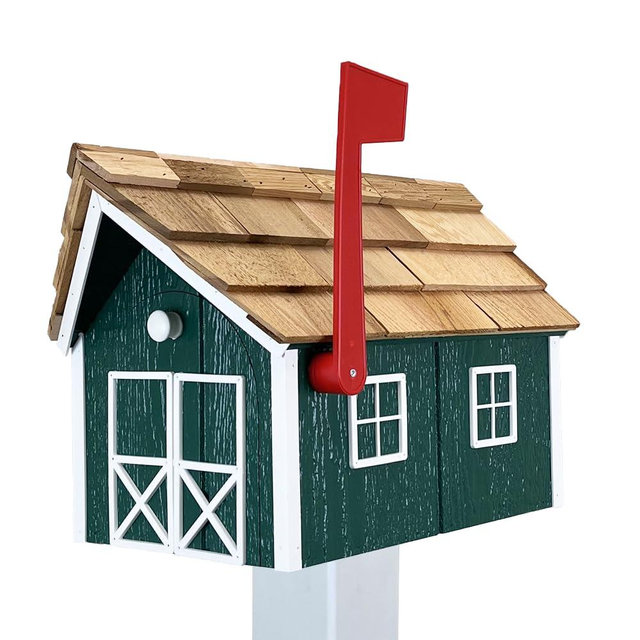 Peaceful Classics Amish Cedar Roof Wooden Mailbox with Window & Door Trim, Handcrafted Mailboxes for Outside, Post Mount Residential Mailboxes - (Green & White, Wood)