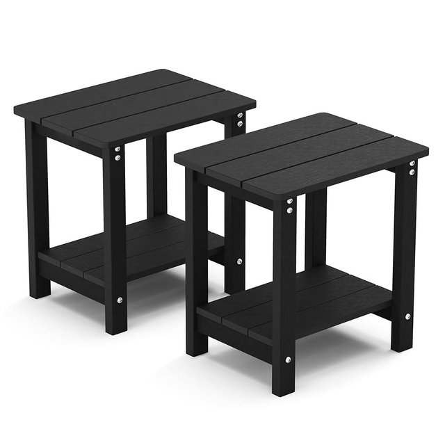 MXIMU Outside Adirondack Side Table Double Layer, Weather Resistant Square Outdoor Side Tables Set of 2, Outdoor End Table for Backyard Pool Indoor Companion Front Porch, Black