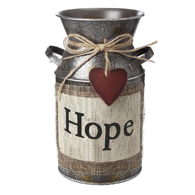 HIDERLYS 7.5 High Rustic Decorative Vase with Greetings and Rope Design, Metal Milk Can Country Jug for Living Room, Bedroom, Kitchen(Hope)