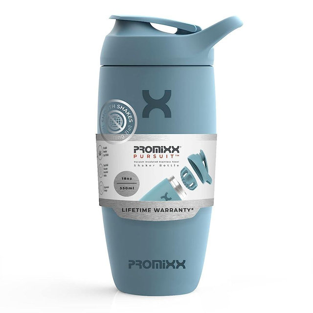 Promixx Pursuit Shaker Bottle Insulated Stainless Steel Water Bottle and Blender Cup, 18oz, Ocean Calm Blue