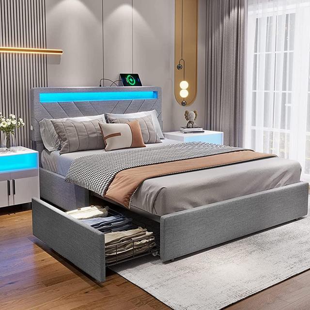 ADORNEVE LED Bed Frame Queen Size with Drawers Storage, Queen Bed Frame with 2 USB Charging Station, Upholstered Platform Bed with Storage & LED Lights Headboard, No Box Spring Needed, Light Grey