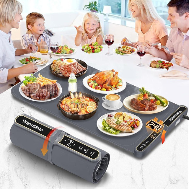 WarmMate Food Warming Mat，Electric Warming Tray with 9-Level Temperature Precision Control, 6H Timer,8s Full Surface Rapid Heating, Ideal for Buffets, Parties & Gatherings (Roll-Up Design，Dark Grey)