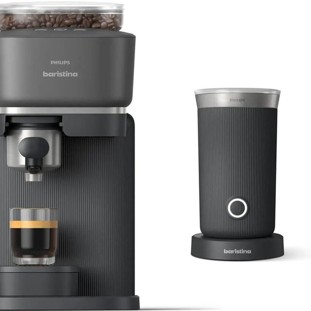 Philips Baristina Espresso Machine+Milk Frother Bundle. Real espresso. Compact coffee machine, portafilter, grinder, Cafe Crema. Dairy & Non-Dairy Milk foam​. Hot & Cold. Easy Clean. Black (BAR303/60)
