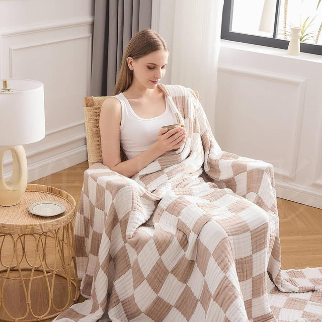 EMME Checkered Throw Blanket Cotton for Couch Soft Muslin Blankets 50"x60" Lightweight Breathable Soft Blanket All Season Gauze Blanket, Light Tan