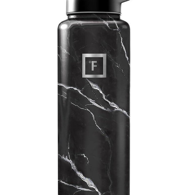 IRON °FLASK Camping & Hiking Hydration Flask with Straw, Wide Mouth Insulated Stainless Steel Sports Water Bottle - Black Marquina 40 oz - Straw (1 Lid)
