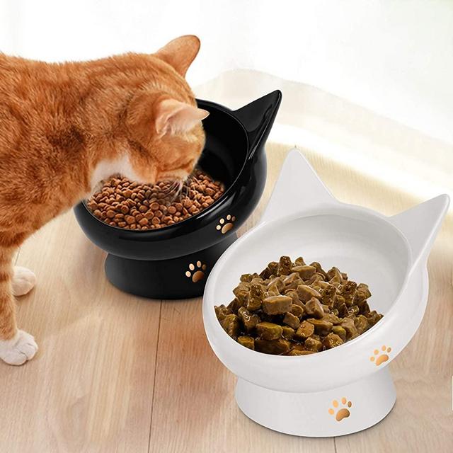 Cat Bowl,Raised Cat Food Bowls Anti Vomiting,Tilted Elevated Cat Bowl,Ceramic Pet Food Bowl for Flat-Faced Cats,Small Dogs,Protect Pet's Spine,Dishwasher Safe,Black and White, 2pcs