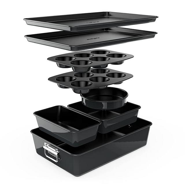 8-Piece Nonstick Stackable Bakeware Set - PFOA, PFOS, PTFE Free Baking Tray Set w/ Non-Stick Coating, 450°F Oven Safe, Round Cake, Loaf, Muffin, Wide/Square Pans, Cookie Sheet (Black)