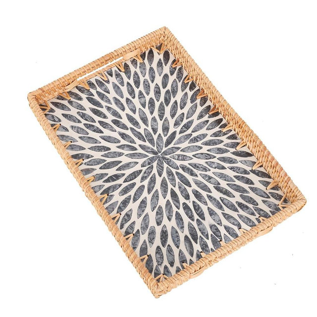 Tynulox Rectangle Rattan Tray with Mother of Pearl Inlay, Rattan Serving Tray with Handle for Coffee, Bread, Fruits, Snacks, Decorative Wicker Tray for Table Decor (Rectangle Dark Blue Leaf, 13"×9")