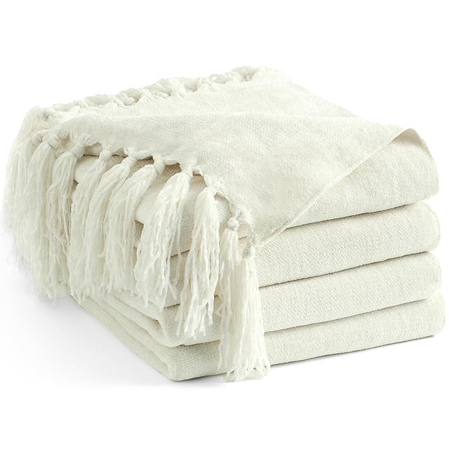 LONG CREATE Chenille Throw Blanket for Couch 50"X 60", Soft Cozy Throws with Fringe Tassel for Bed Sofa Chair Cover, Lightweight Knitted Decorative Boho Blankets for Living Room, Ivory White