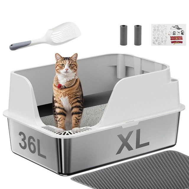 Ellenpent Stainless Steel Litter Box with Lid, XL Metal Litter Box Large for Big Cats, with High Sided, Anti-Leakage, Odor-Free & Easy Cleaning, Included Scoop &Trash Bag*2 & Mat & Sticker, White