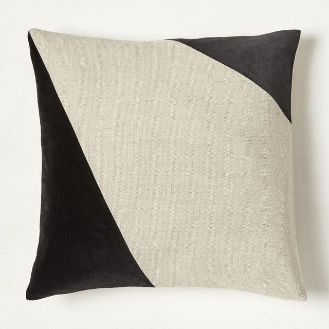 Cotton Linen + Velvet Corners Pillow Cover, 20"x20", Black, Set of 2