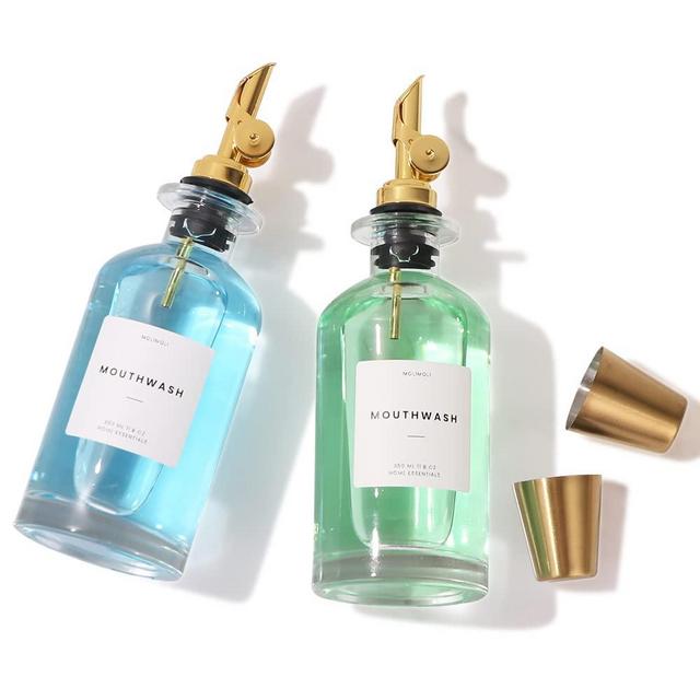 MoliMoli 350ml/11.8 Oz Mouthwash Dispenser For Bathroom With Mouthwash Cups Reusable, Glass Mouthwash Dispenser with Cups, Mouthwash Decanter, Mouthwash Holder, Mouthwash Bottle For Bathroom, Set of 2