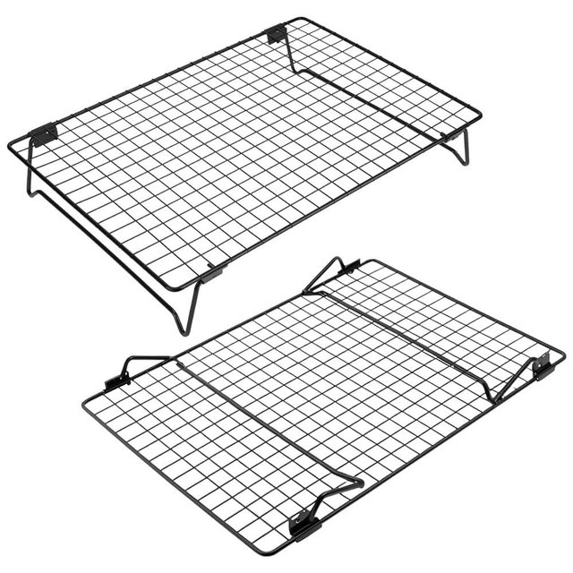 QWORK Stackable Cooling Racks for Baking and Cooking, 2 Pack 13.4x9.4 Inch Nonstick Carbon Steel Wire Rack, Foldable Cooling Rack