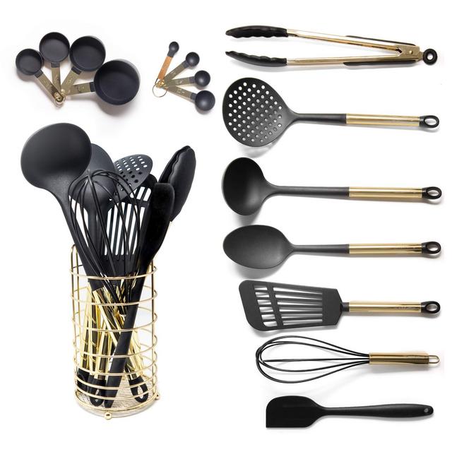 Black and Gold Cooking Utensils with Stainless Steel Gold Utensil Holder - 16-Piece Set Includes Black and Gold Measuring Spoons, Black and Gold Measuring Cups