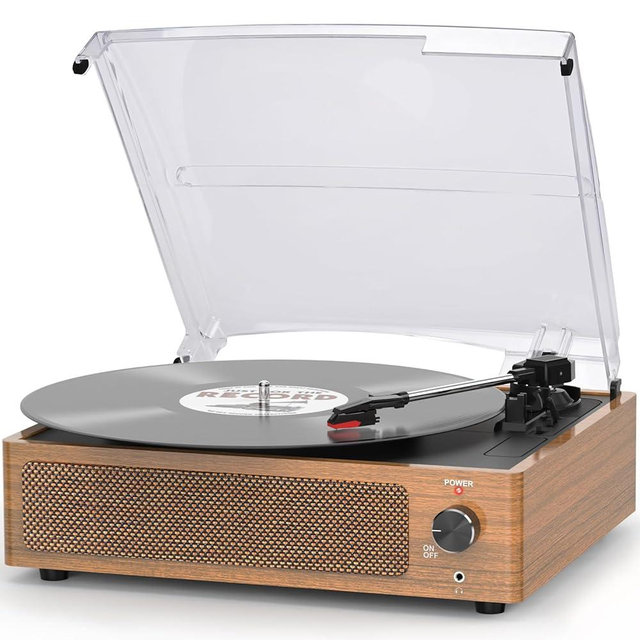 Retro Record Player for Vinyl with Speakers Vintage Turntable Vinyl Records Belt-Driven Turntable 3-Speed 3 Size 33 1/3 45 78 RPM Wireless Playback Headphone AUX RCA Line LP Vinyl Players Wood Grain