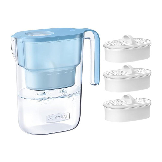 Waterdrop Water Filter Pitcher with 3 Filters, 5X Times Lifetime, Lasts 600 Gallon Long-Life, for Fridge, Countertop and Gift, Reduces PFOA/PFOS, Chlorine, 7-Cup Capacity, Elfin, Blue