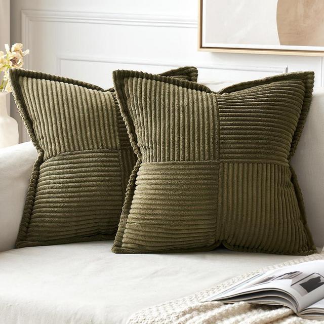 MIULEE Olive Green Corduroy Pillow Covers 18 x 18 inch with Splicing Set of 2 Super Soft Boho Striped Pillow Covers Broadside Decorative Textured Throw Pillows for Couch Cushion Bed Livingroom