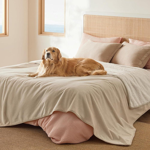 Bedsure Waterproof Blanket for Bed - Sherpa Fleece Waterproof Dog Blankets for Large Dogs, Pet Blankets for Bed/Couch/Dog Crate, Soft Plush Reversible Furniture Protector, Queen Size, 90"x86", Cream