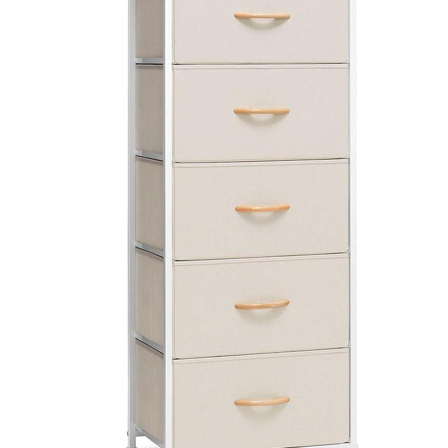 Crestlive Products Vertical Dresser Storage Tower - Sturdy Steel Frame, Wood Top, Easy Pull Fabric Bins - Organizer Unit for Bedroom, Hallway, Entryway, Closets - 5 Drawers(Beige)