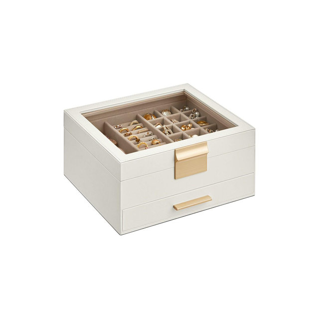 SONGMICS Jewelry Box with Glass Lid, 2-Layer Jewelry Organizer, 1 Drawer, for Big and Small Jewelry, Jewelry Storage,Cloud White and Gold Color