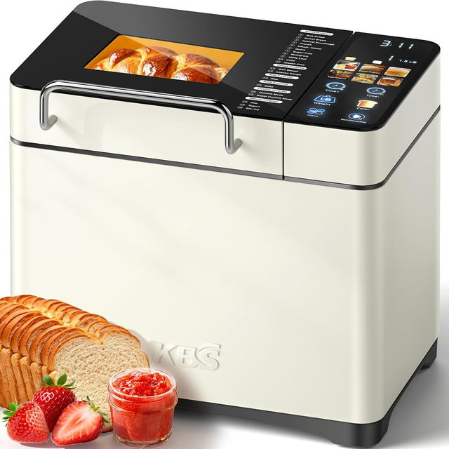 KBS 2.2LB Smart Bread Maker, 20-in-1 Automatic Bread Machine with Color Touchscreen, Dual Heaters, True Ceramic Pan, Auto Nut Dispenser, 2 Custom Programs, Sourdough&Gluten Free, White Stainless Steel