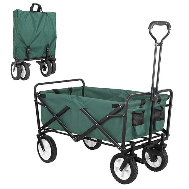 SNAN Collapsible Utility Wagon, Heavy Duty Folding Outdoor Garden Cart, Rubber Wheels W/Brake and Drink Holder, Adjustable Handles, Double Fabric, Suit for Garden, Sports, Camping, Picnic (Green)